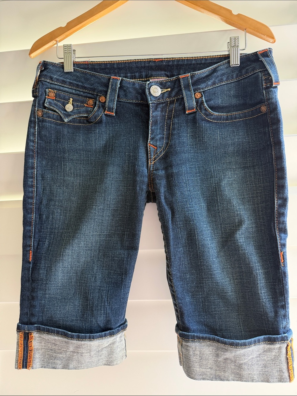TRUE RELIGION Sophie Dark Blue Cuffed Denim Bermuda Shorts